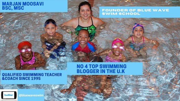 Marjan Moosavi, founder of Blue Wave Swim is with a group of her swimmers.